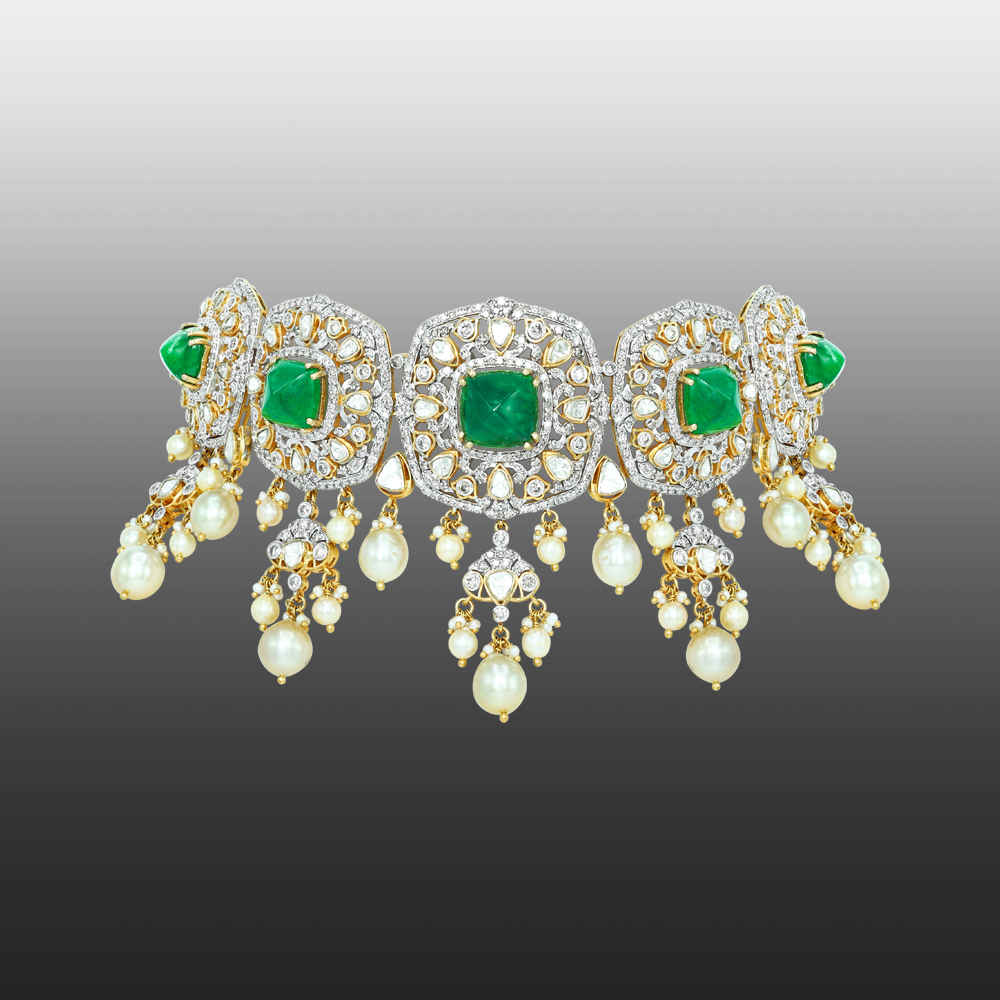 Emerald and Polki Choker with Pearls